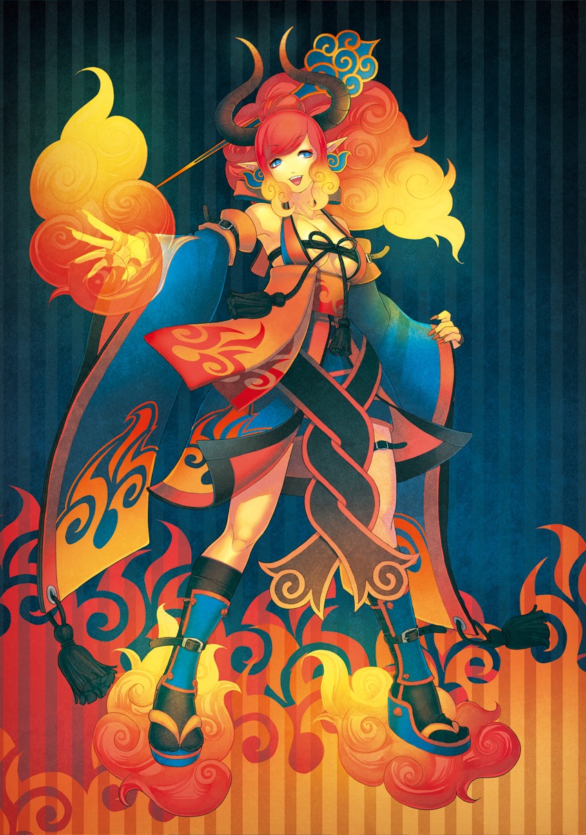 cleavage, heels, horns, japanese_clothes, okino, pointy_ears