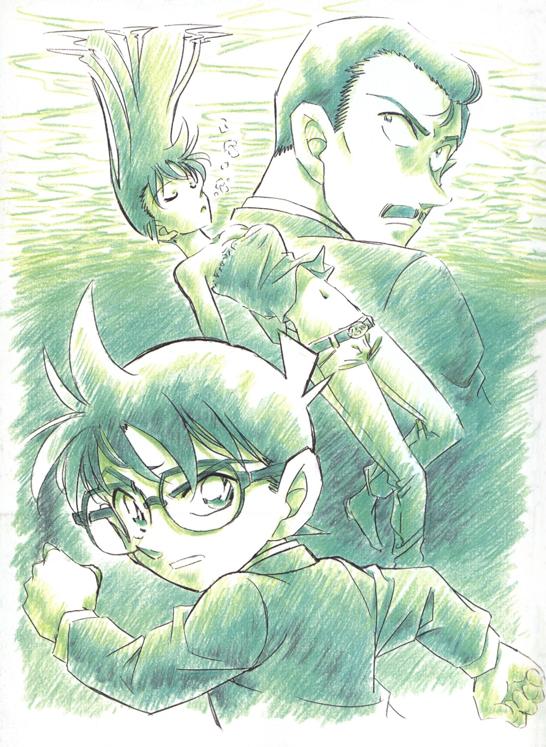 aoyama_goushou, edogawa_conan, megane, meitantei_conan, monochrome, mouri_kogorou, mouri_ran, sketch