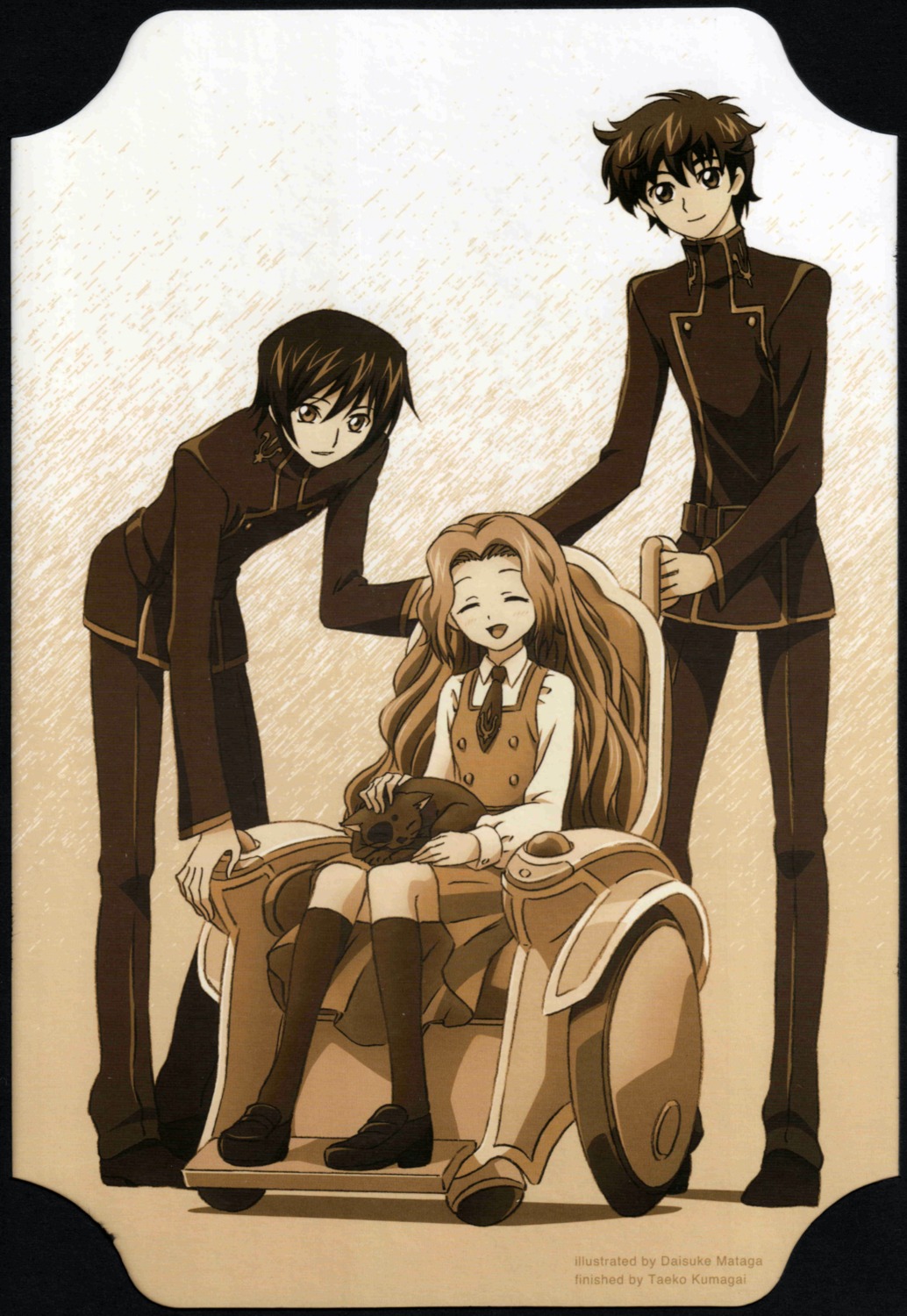 arthur_(code_geass), code_geass, kururugi_suzaku, lelouch_lamperouge, mataga_daisuke, monochrome, neko, nunnally_lamperouge