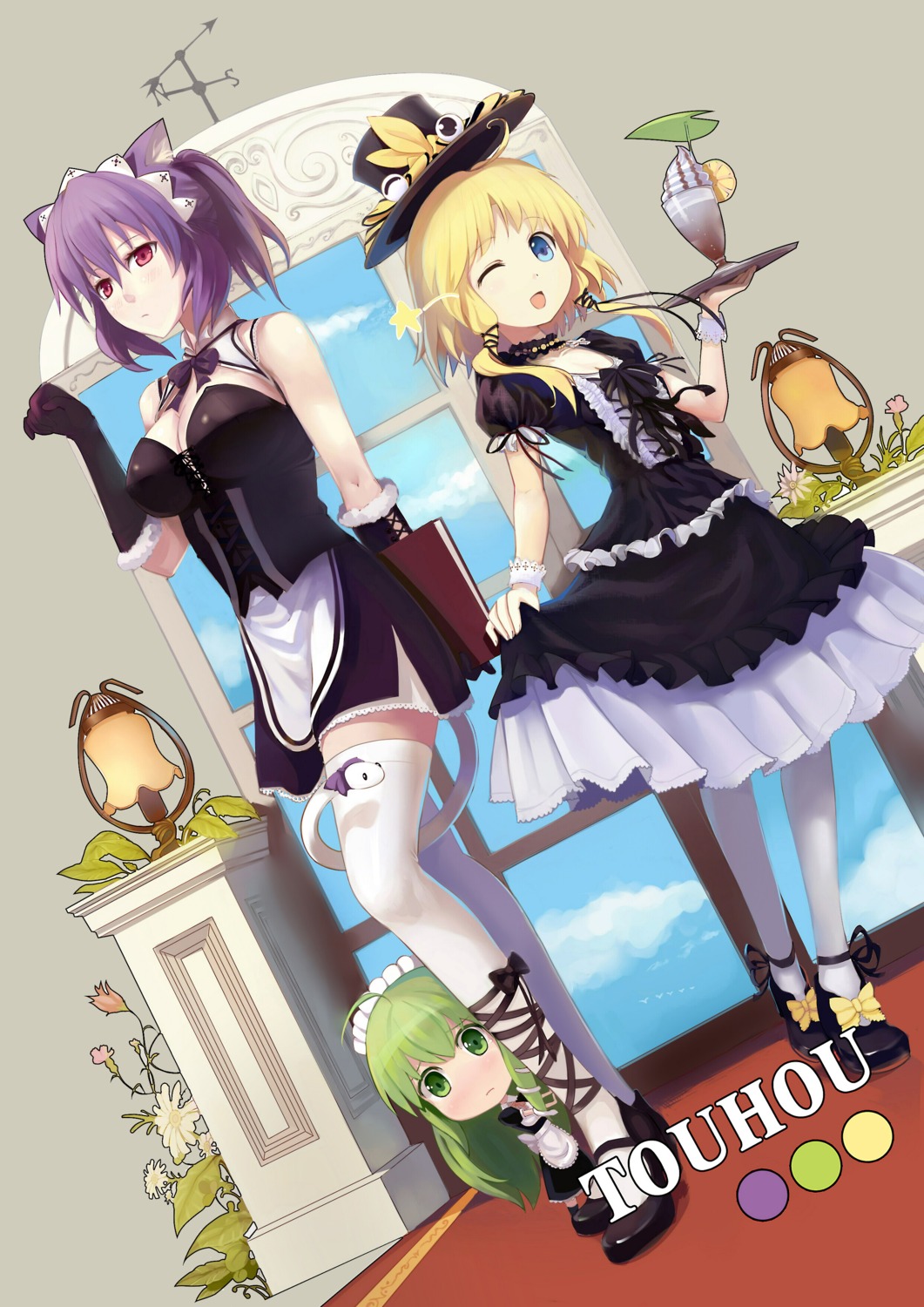 animal_ears, chibi, kochiya_sanae, moriya_suwako, nekomimi, tail, thighhighs, touhou, waitress, yasaka_kanako, yuzuhara_konomi_(artist)