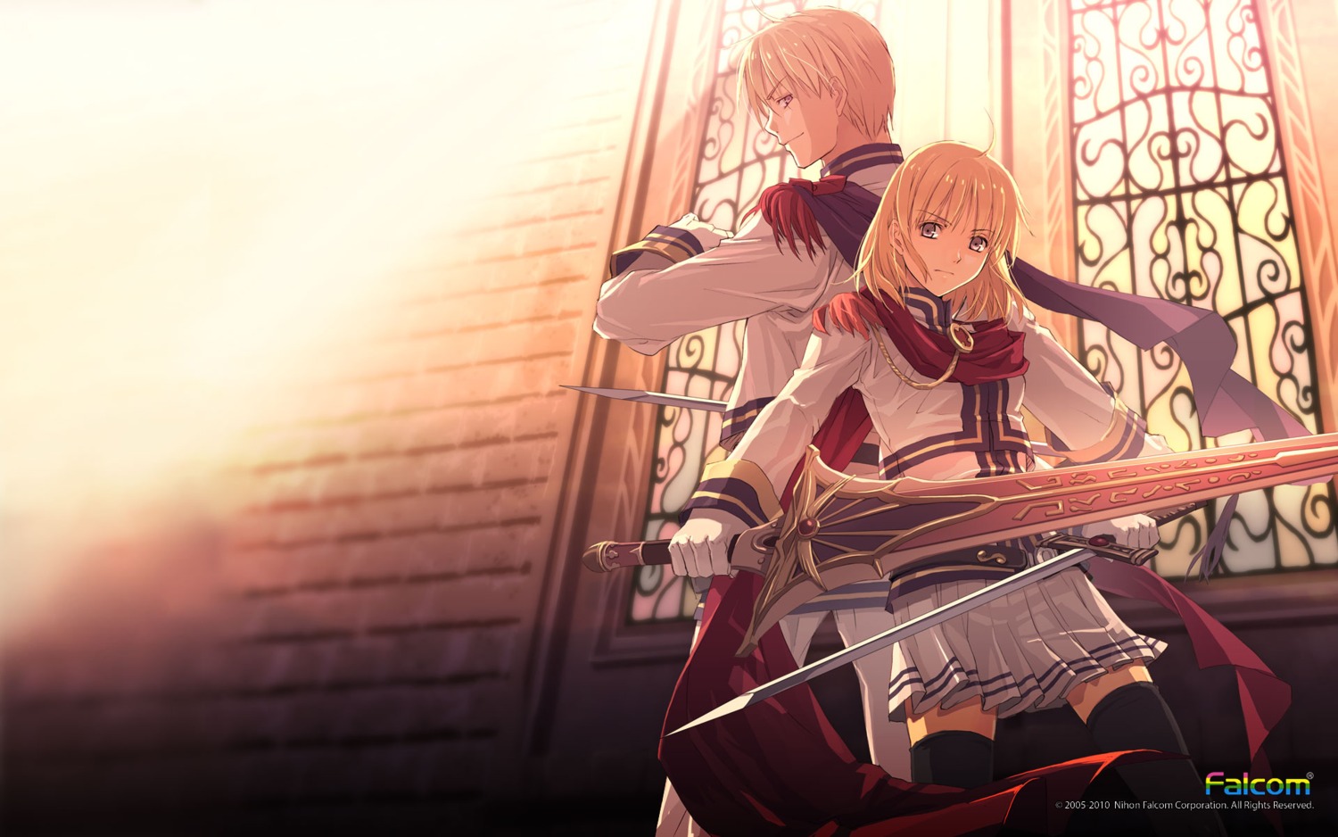 chester_stoddart, elena_stoddart, falcom, sword, thighhighs, uniform, wallpaper, ys, ys:_the_oath_in_felghana