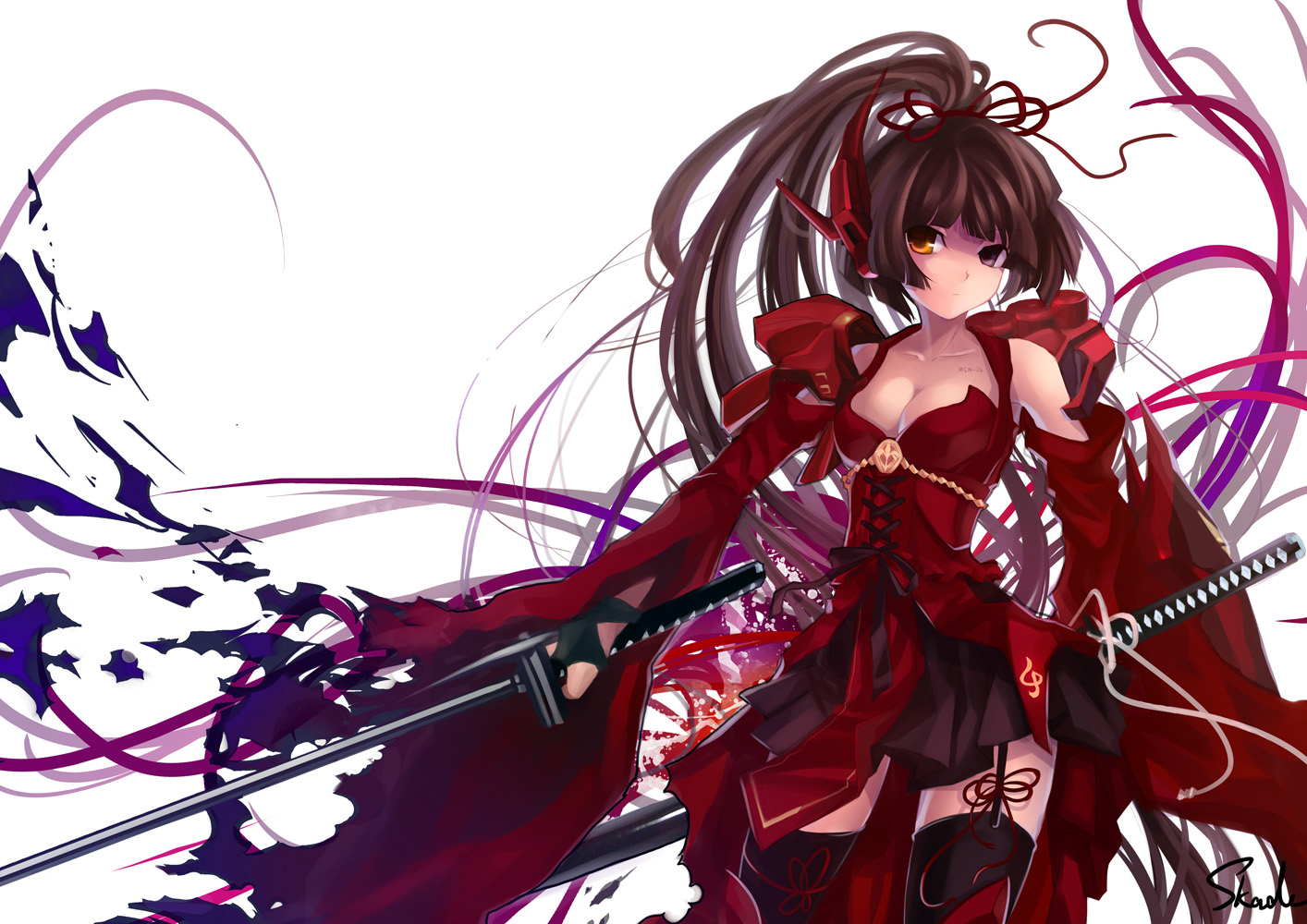 cleavage, gundam, mecha_musume, skade, stockings, sword, thighhighs