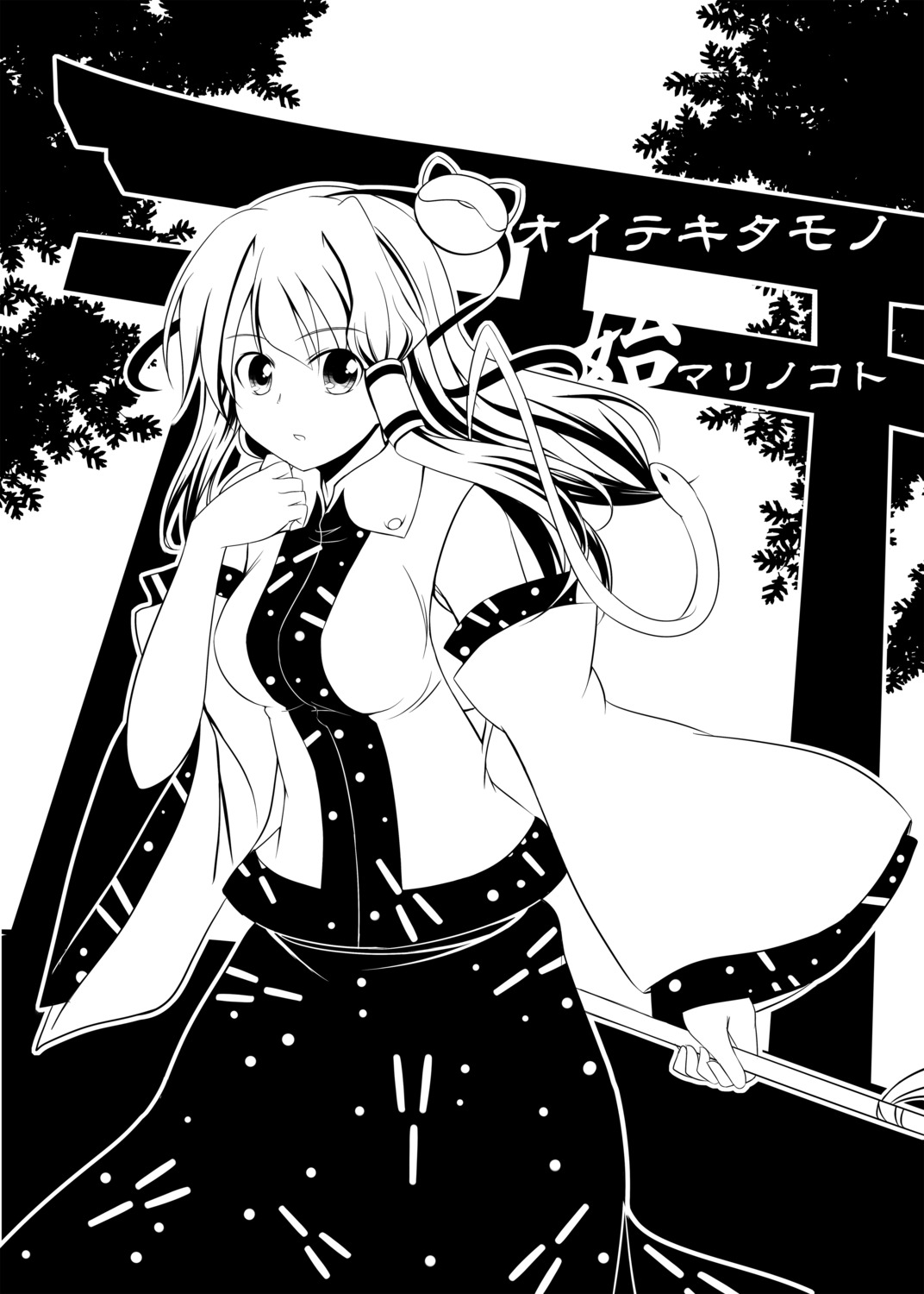 kochiya_sanae, makino, monochrome, touhou
