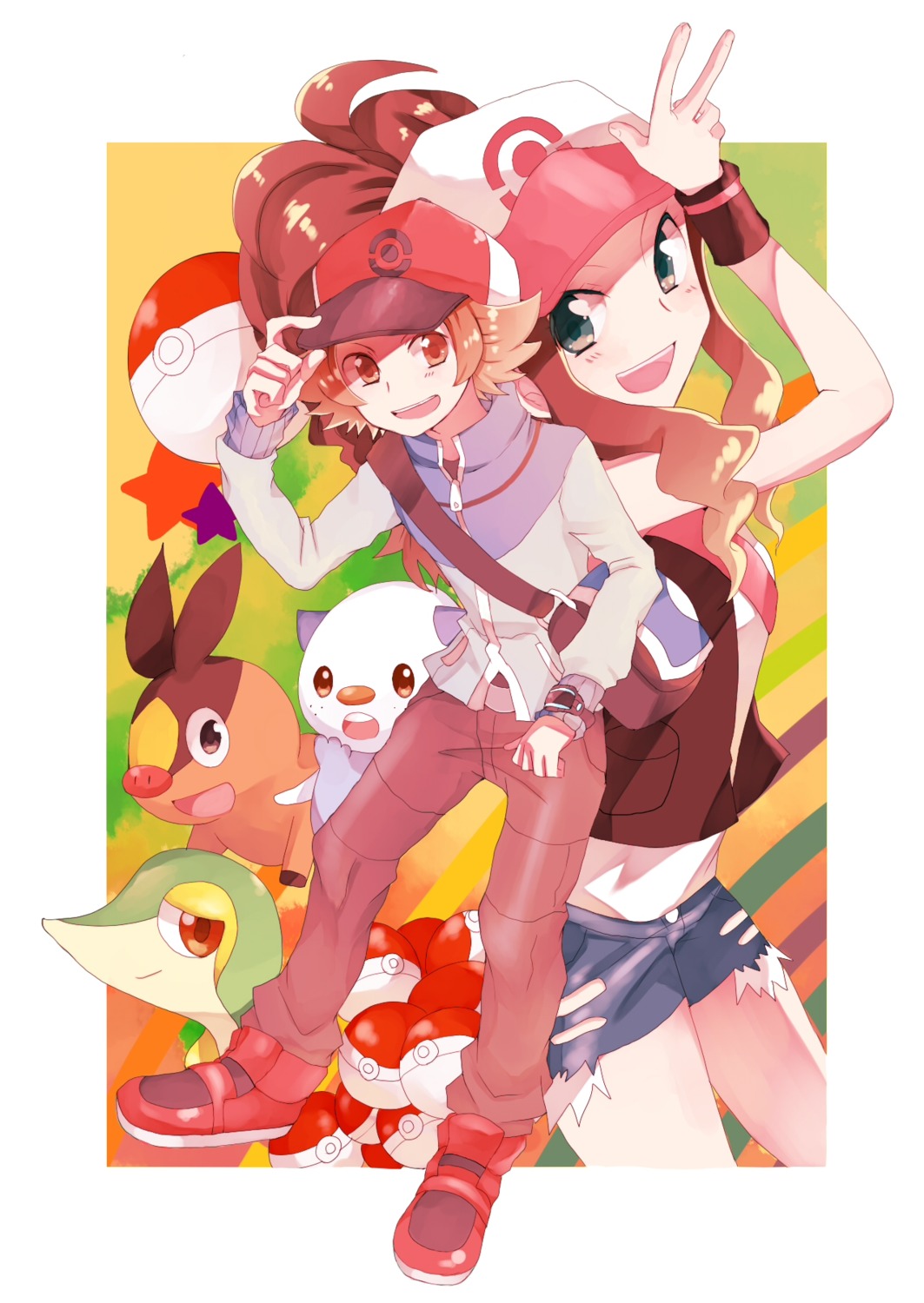 kurodeko, oshawott, pokemon, pokemon_bw, snivy, tepig, touko_(pokemon), touya_(pokemon)