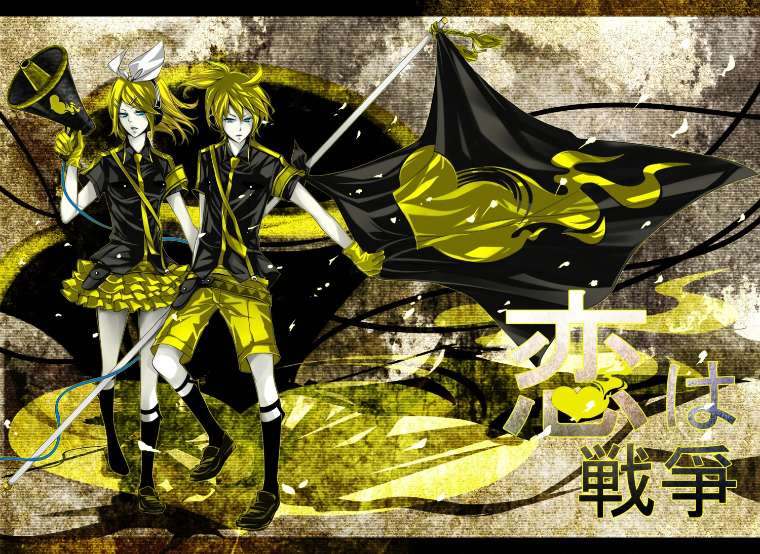 kagamine_len, kagamine_rin, koi_wa_sensou_(vocaloid), vocaloid, zukiyuki
