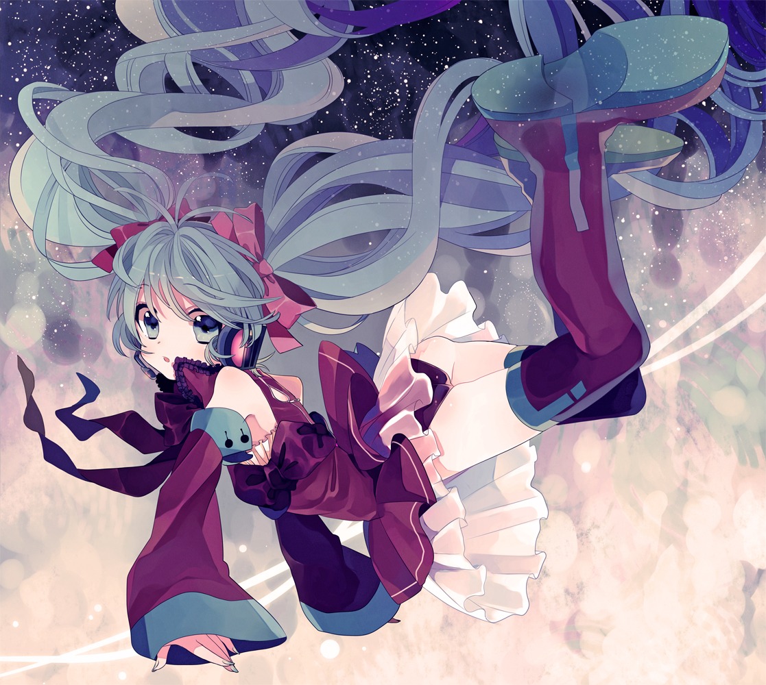 amazawa_koma, hatsune_miku, headphones, pantsu, thighhighs, vocaloid