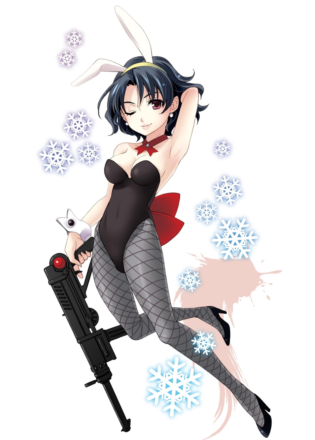 animal_ears, bomi, bunny_ears, bunny_girl, cleavage, fishnets, gun, pantyhose