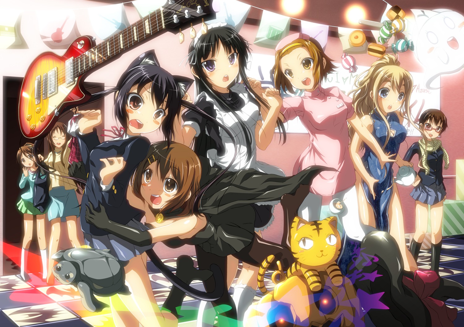 akiyama_mio, animal_ears, chinadress, cosplay, guitar, hirasawa_ui, hirasawa_yui, k-on!, kotobuki_tsumugi, maid, manabe_nodoka, megane, nakano_azusa, nanashiwan, nurse, pantyhose, seifuku, tail, tainaka_ritsu, thighhighs, yamanaka_sawako