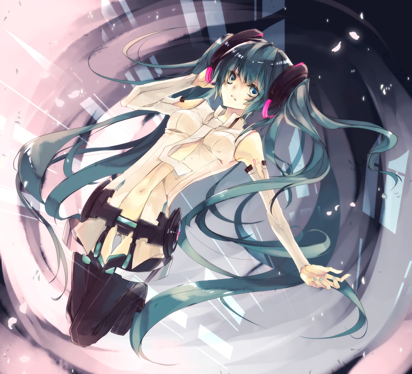hatsune_miku, headphones, laruha, miku_append, thighhighs, vocaloid, vocaloid_append