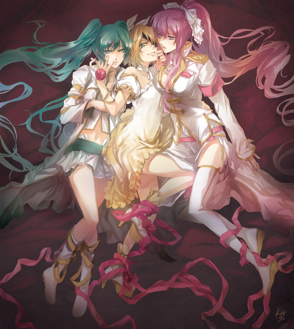 dress, hatsune_miku, kagamine_rin, megurine_luka, rahwia, thighhighs, vocaloid