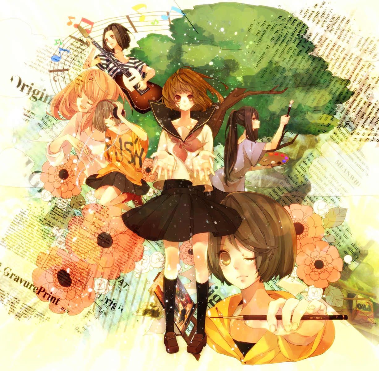 guitar, headphones, reitei, seifuku