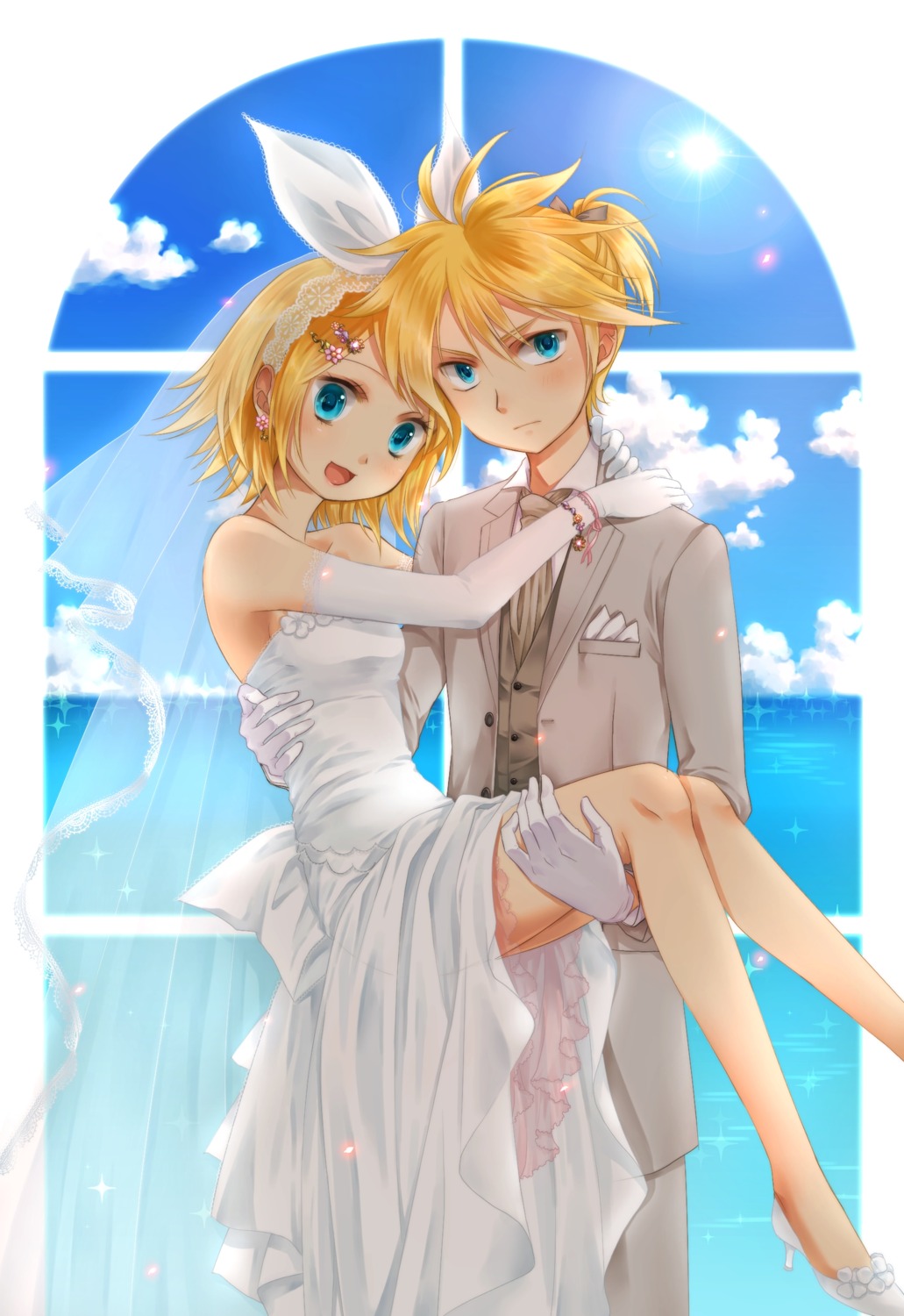 dress, kagamine_len, kagamine_rin, okitsune, vocaloid, wedding_dress