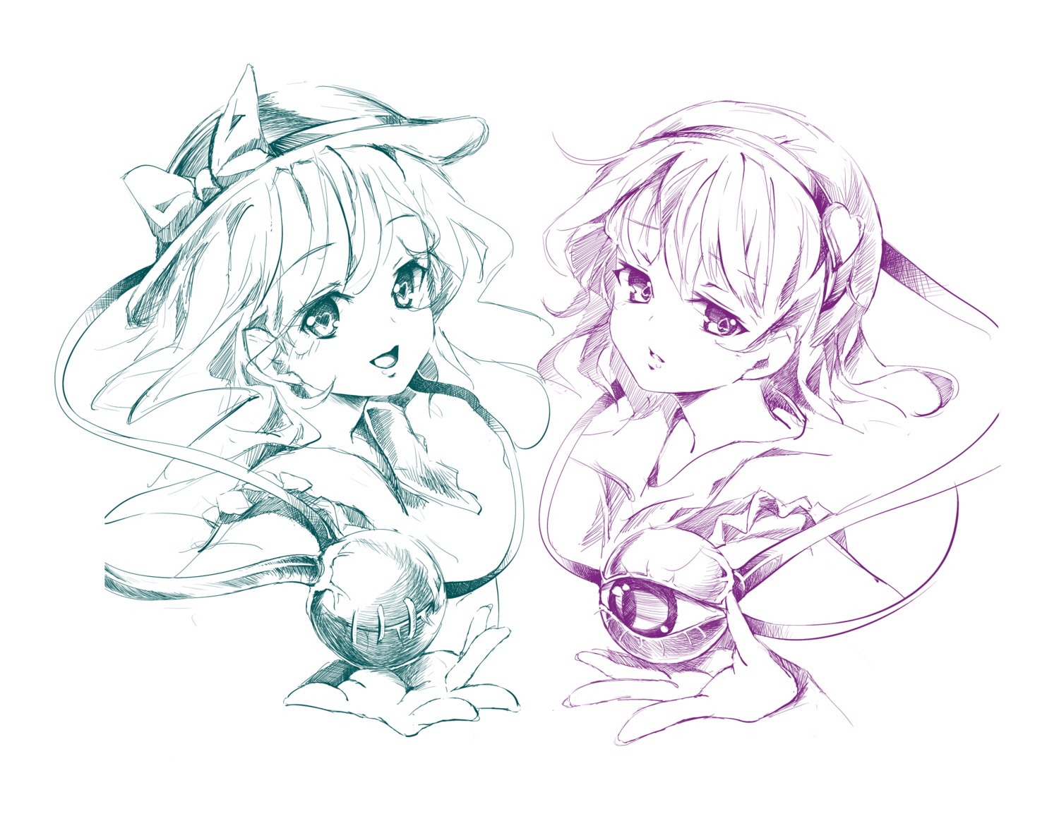 cofepig, kapo, komeiji_koishi, komeiji_satori, line_art, touhou