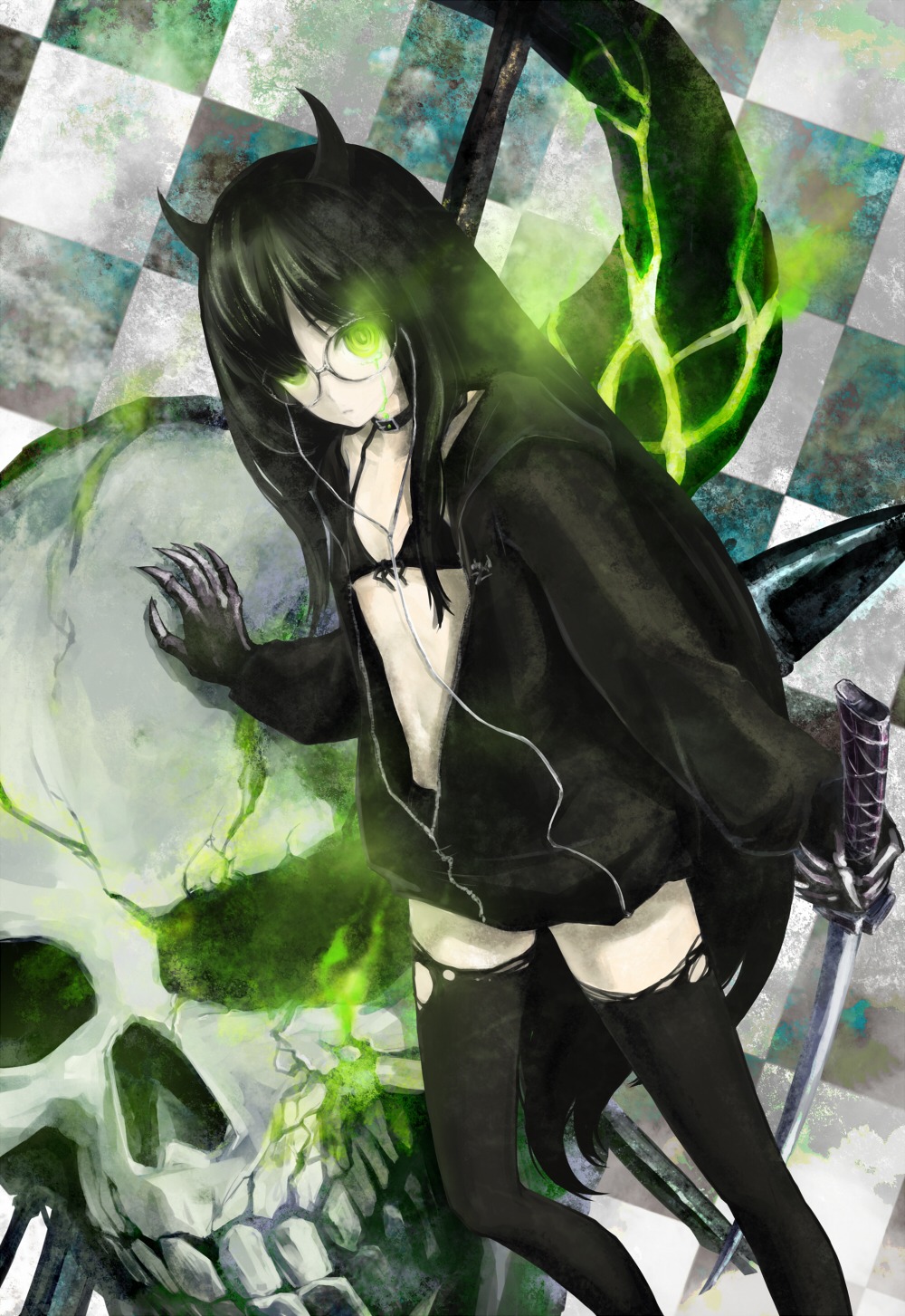 anleyitai, bikini_top, black_devil_girl, black_rock_shooter, megane, swimsuits, thighhighs, vocaloid