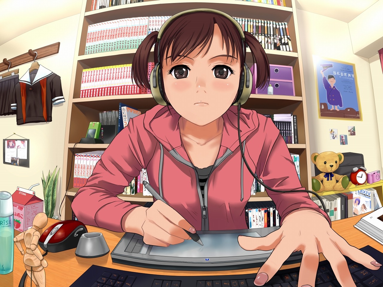 headphones, munakata, oekaki_musume, wallpaper