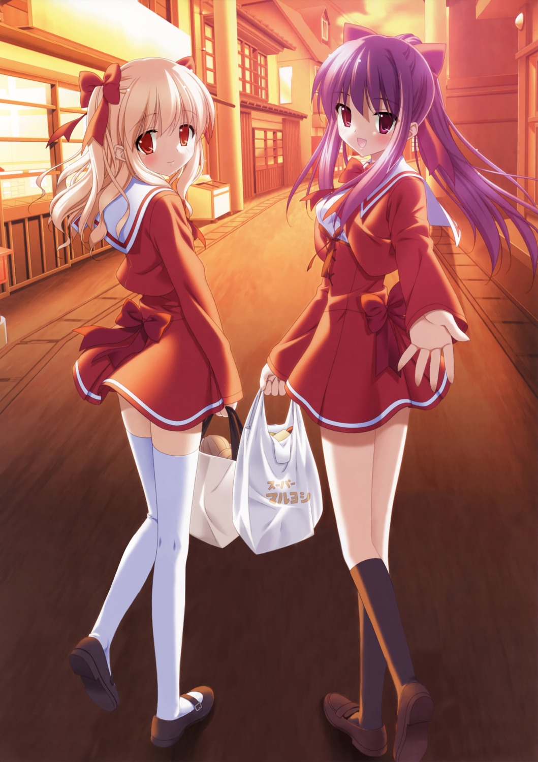 aki_no_urara_no_~akaneiro_shoutengai~, kani_biimu, odajima_kosuzu, odajima_mayu, seifuku, thighhighs
