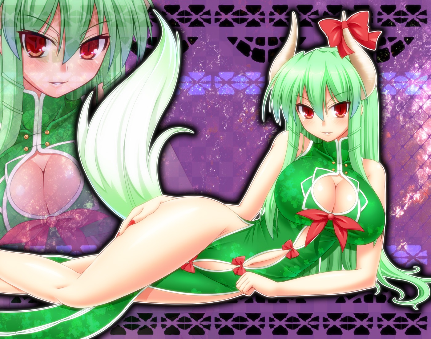 chinadress, cleavage, ex_keine, horns, jon_(artist), kamishirasawa_keine, nopan, tail