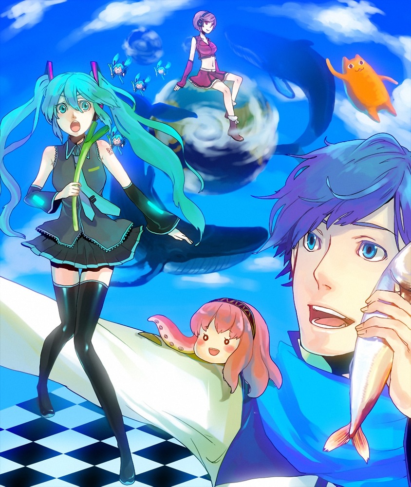 azumanga_daioh, bintei, crossover, hachune_miku, hatsune_miku, kaito, megurine_luka, sakine_meiko, takoluka, thighhighs, vocaloid