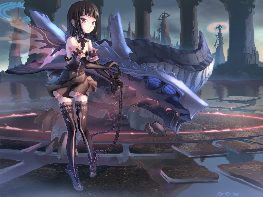 bondage, dress, gothic_lolita, lolita_fashion, monster, thighhighs, tougetsu_gou, wings