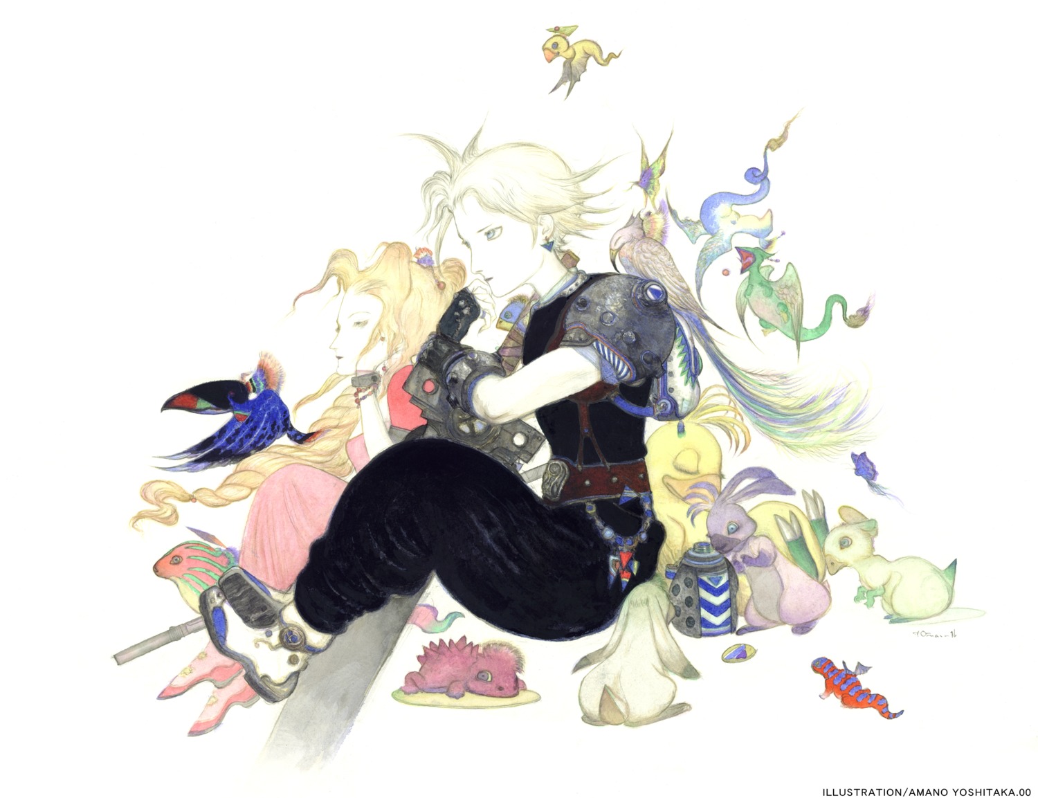 aerith_gainsborough, amano_yoshitaka, cloud_strife, final_fantasy, final_fantasy_vii