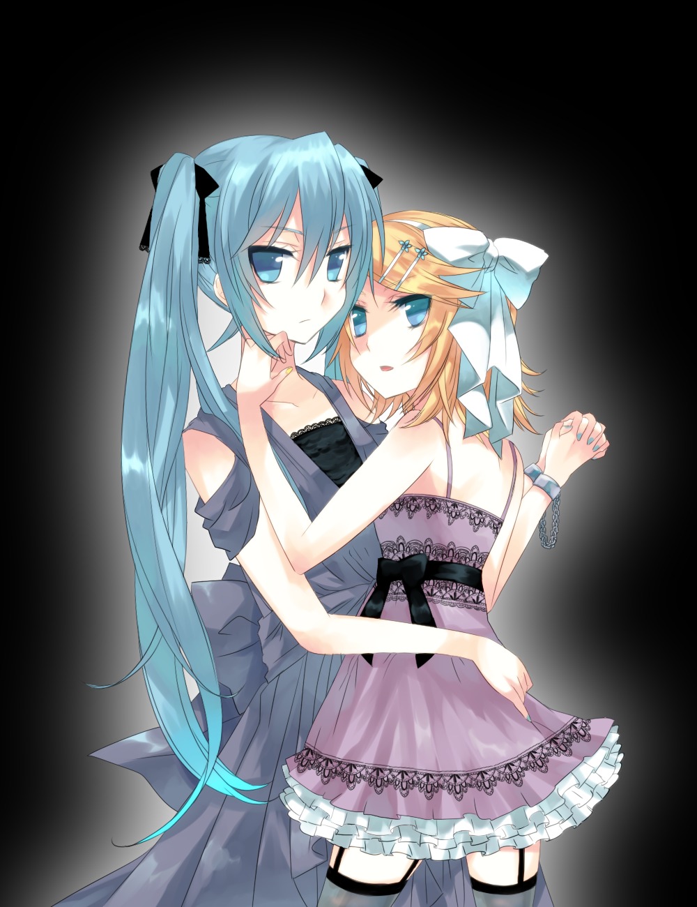dress, hatsune_miku, kagamine_rin, mizuki_(koko_lost), stockings, thighhighs, vocaloid