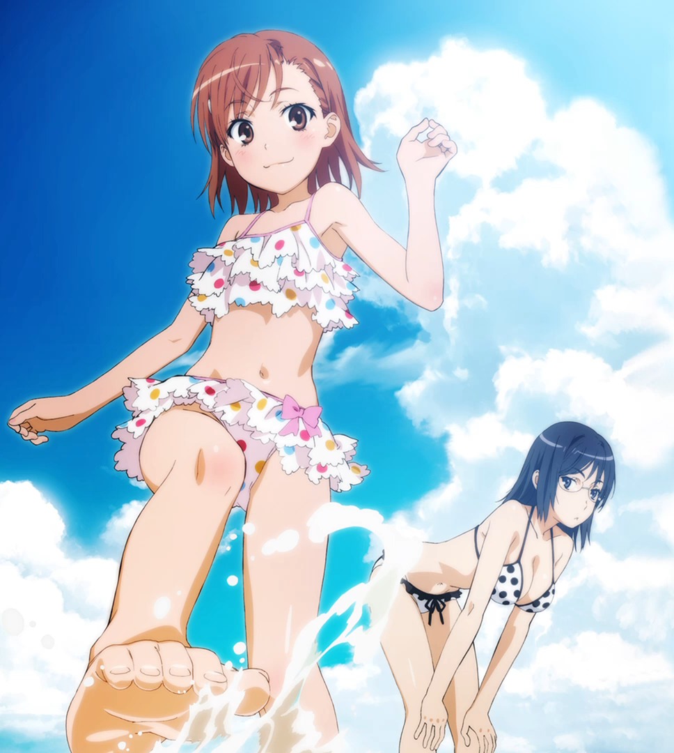 bikini, cleavage, feet, konori_mii, megane, misaka_mikoto, swimsuits, tanaka_yuuichi
