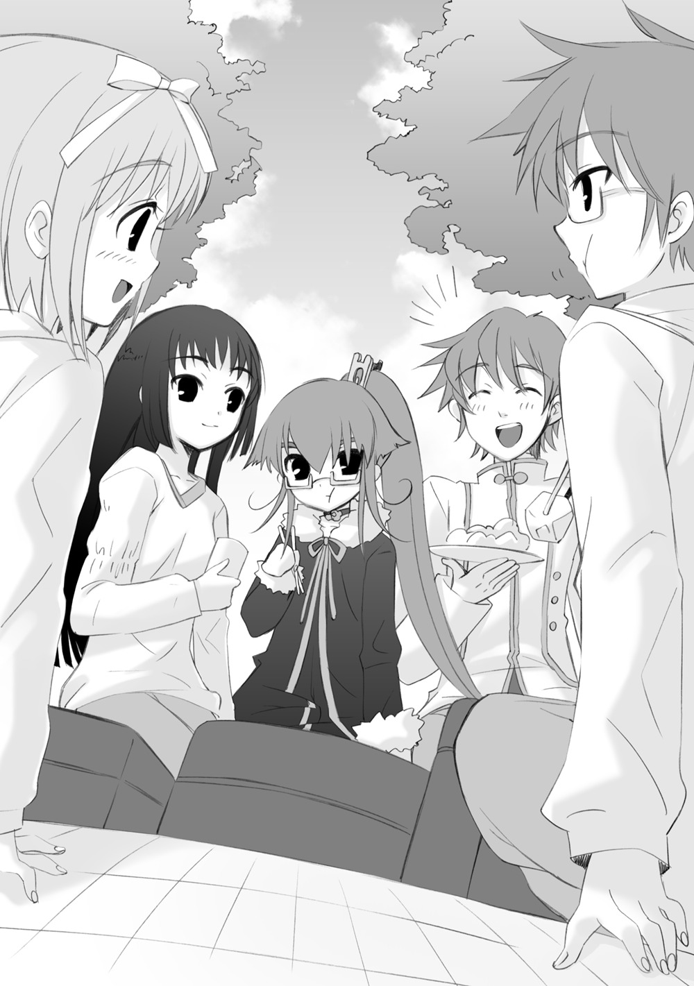 akihime_sumomo, ito_noizi, matsuda_(nanatsuiro_drops), megane, monochrome, nanatsuiro_drops, tsuwabuki_masaharu, yaeno_nadeshiko