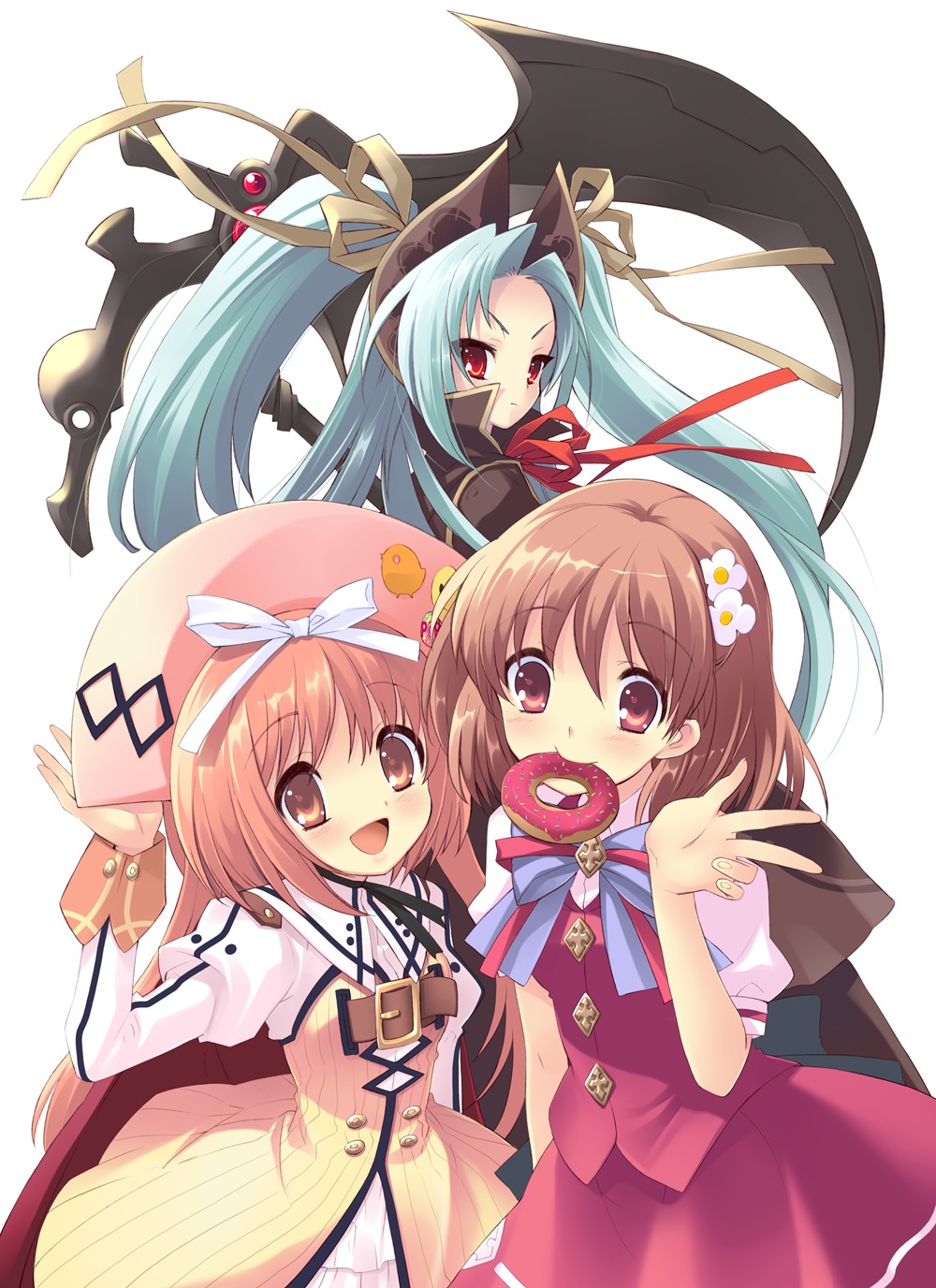 akihime_sumomo, crossover, dress, eario, flyable_heart, horns, inaba_yui, ito_noizi, nanatsuiro_drops, seifuku, wasurenagusa