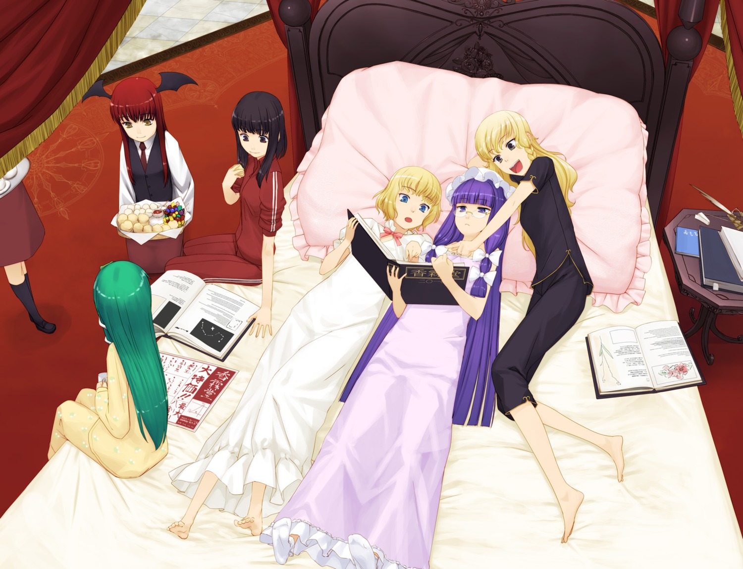 alice_margatroid, gahaku, hakurei_reimu, kirisame_marisa, koakuma, kochiya_sanae, pajama, patchouli_knowledge