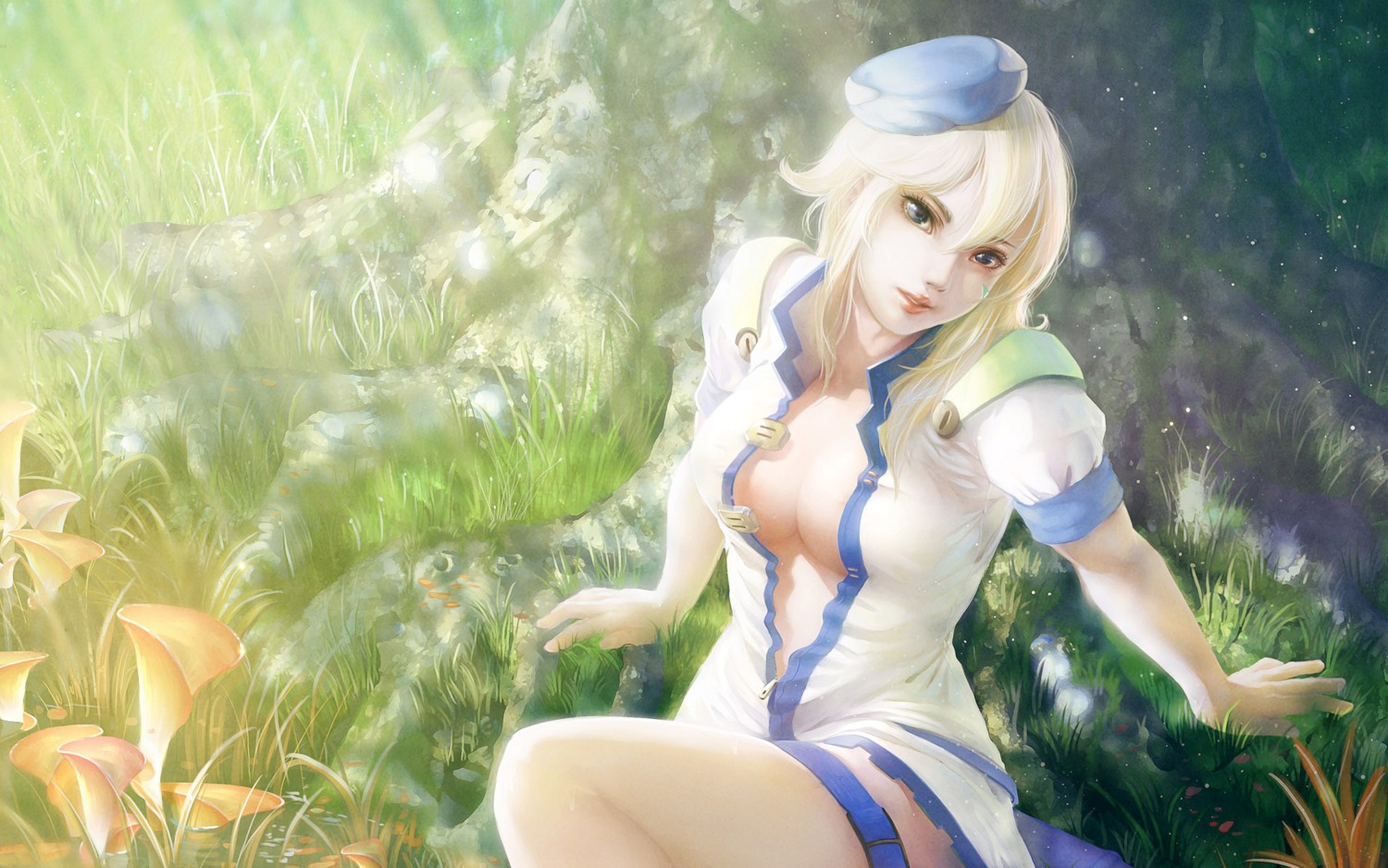 cleavage, eat, no_bra, open_shirt, wallpaper