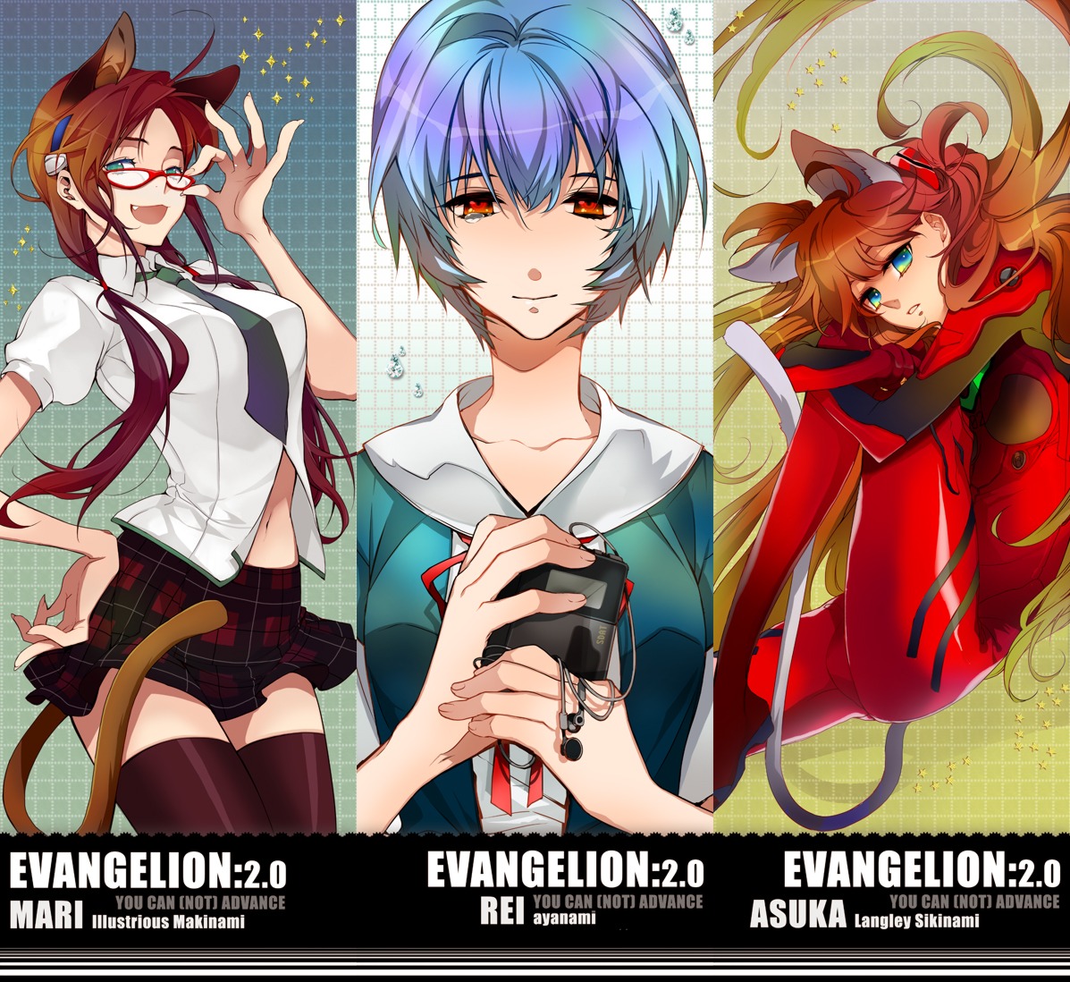 animal_ears, ayanami_rei, bodysuit, makinami_mari_illustrious, megane, neon_genesis_evangelion, nishi_(ainshaie), seifuku, souryuu_asuka_langley, tail, thighhighs