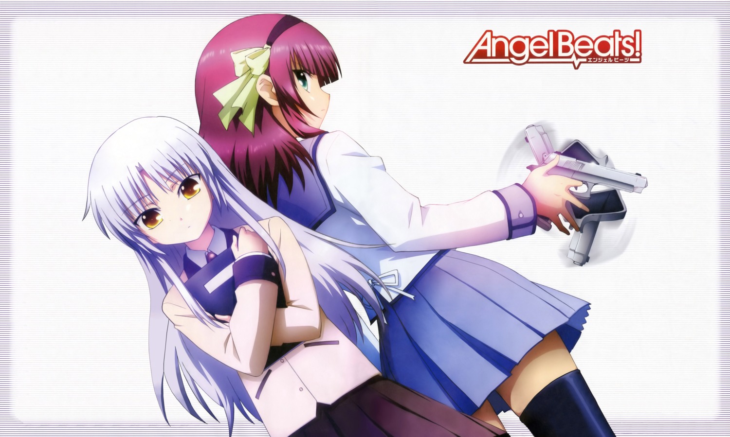 angel_beats!, detexted, gun, nakamura_yuri, seifuku, suzuki_misaki, tachibana_kanade, thighhighs