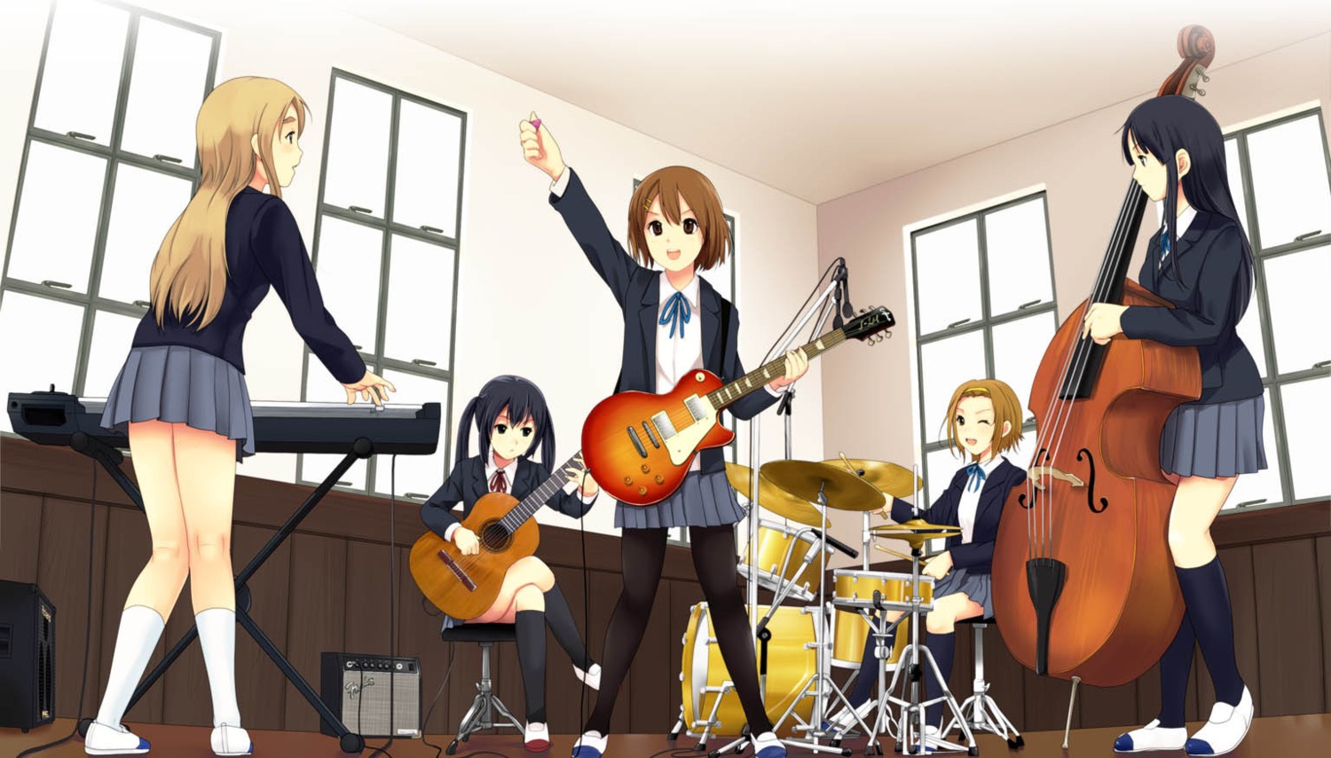 akiyama_mio, guitar, hirasawa_yui, k-on!, kotobuki_tsumugi, munakata, nakano_azusa, pantyhose