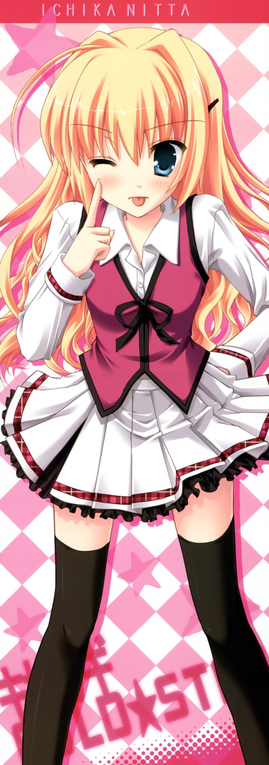 chimaro, kisaragi_gold_star, nitta_ichika, saga_planets, seifuku, stick_poster, thighhighs