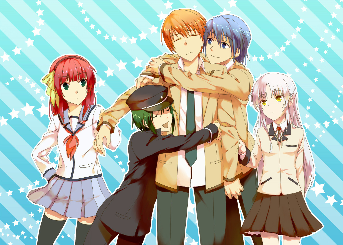 angel_beats!, hinata_hideki, nakamura_yuri, naoi_ayato, otonashi_yuzuru, seifuku, tachibana_kanade, u_(mypace)