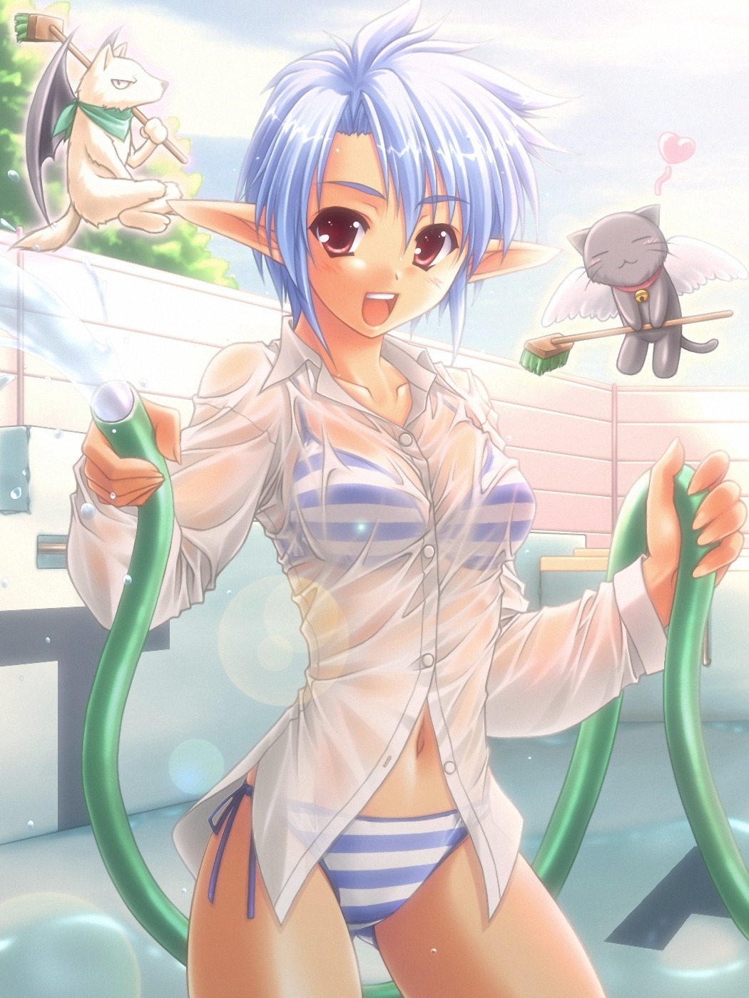 bikini, elf, kuroneko_sakon, neko, pointy_ears, see_through, swimsuits, wet_clothes