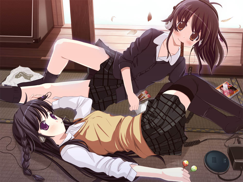 headphones, kazumasa, seifuku, thighhighs