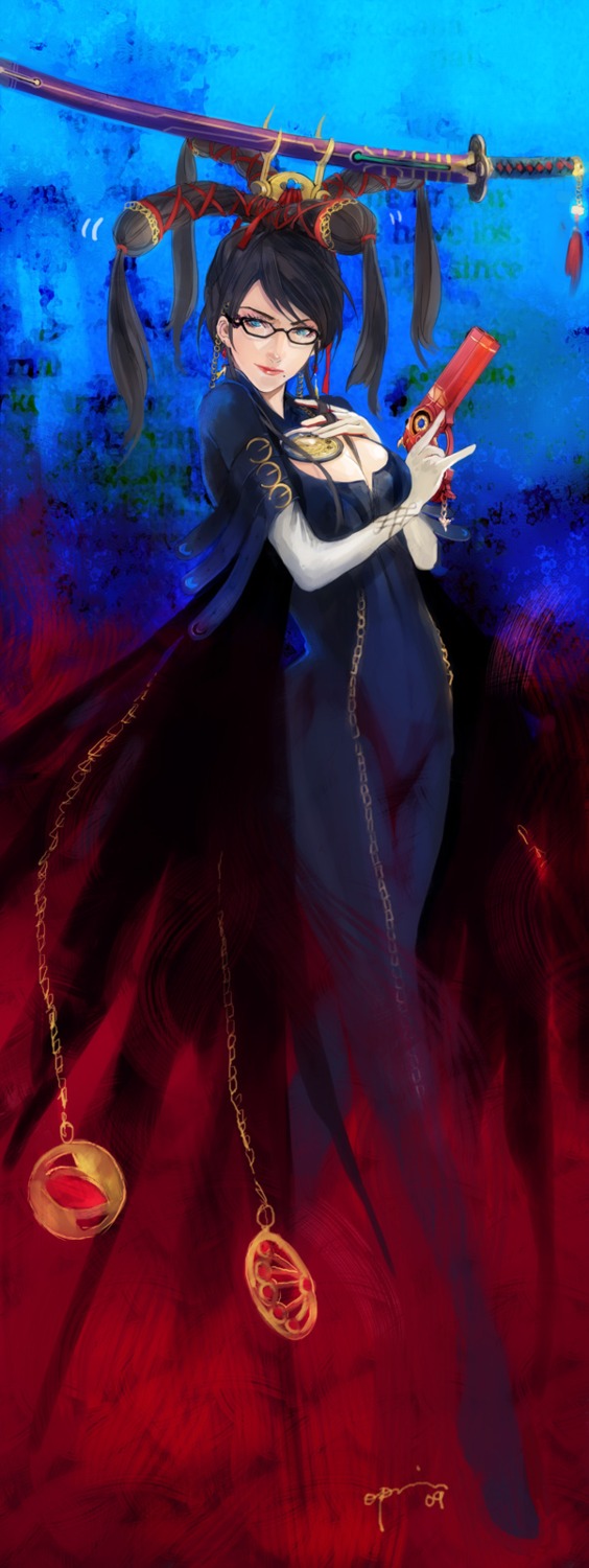 bayonetta, bayonetta_(character), bodysuit, cleavage, gun, megane, opiu