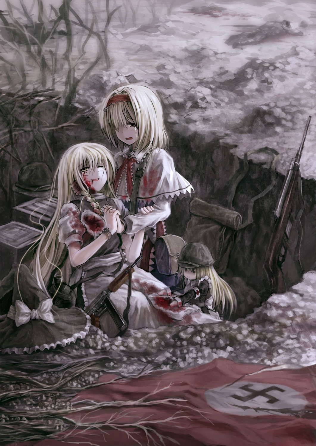 alice_margatroid, blood, gun, kirisame_marisa, oto_taku, touhou