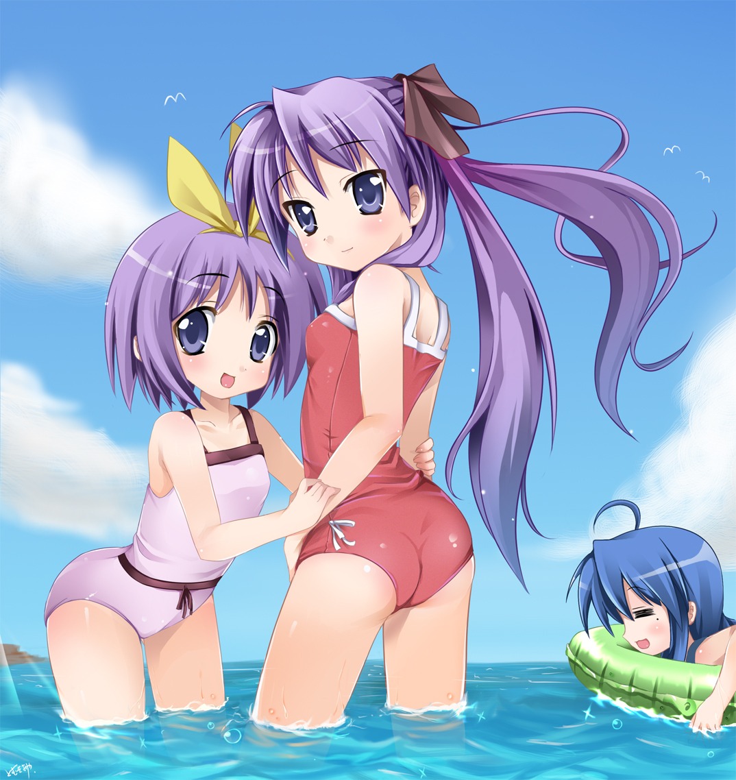 hiiragi_kagami, hiiragi_tsukasa, izumi_konata, lucky_star, swimsuits, tomusooya