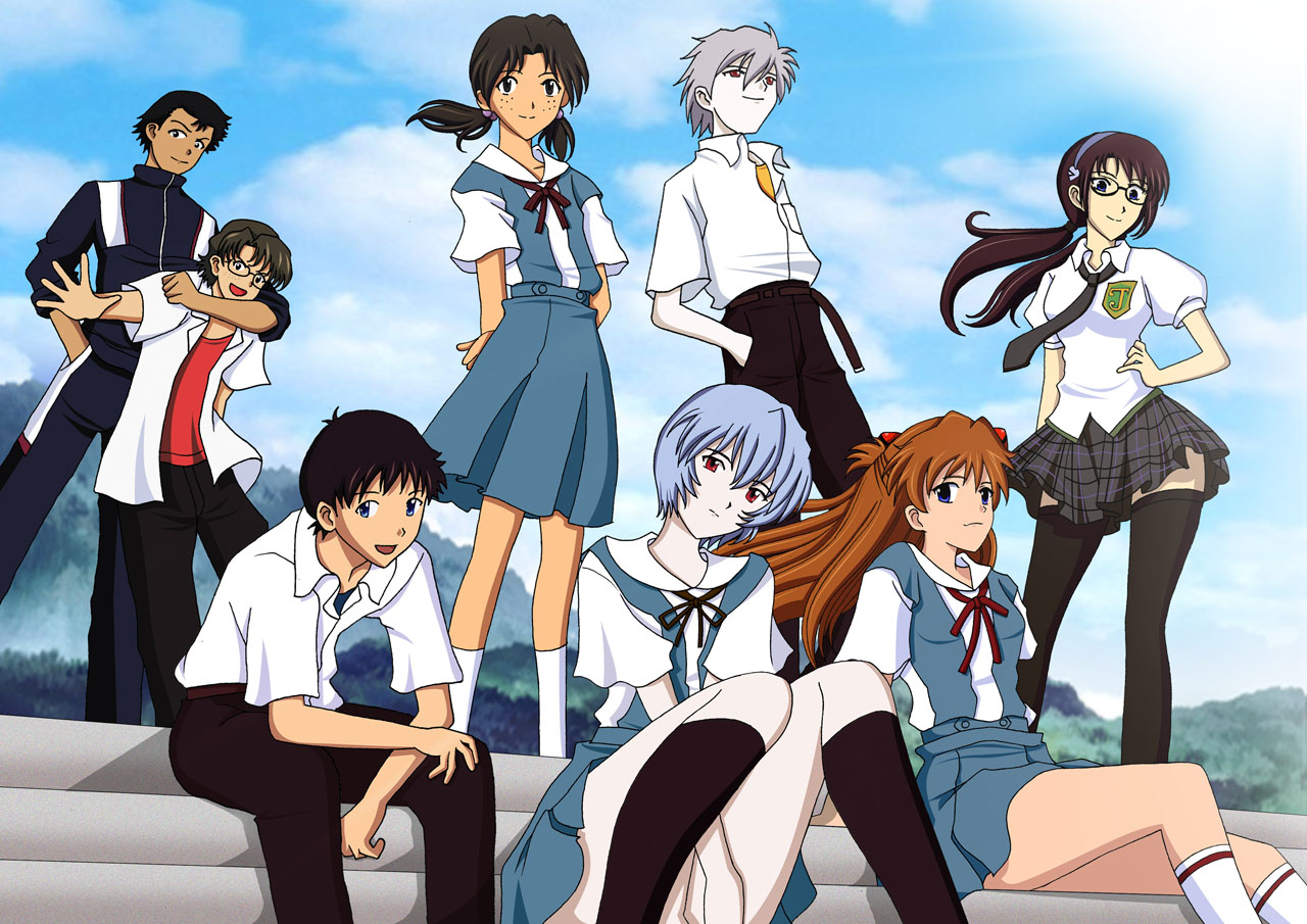 aida_kensuke, ayanami_rei, ikari_shinji, makinami_mari_illustrious, megane, nagisa_kaworu, neon_genesis_evangelion, seifuku