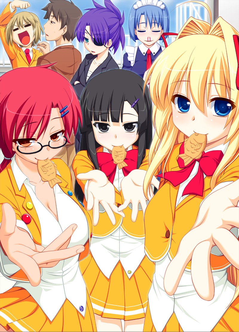 cleavage, custard_cream_taiyaki, eyepatch, hijiri_tsukasa, maid, megane, seifuku