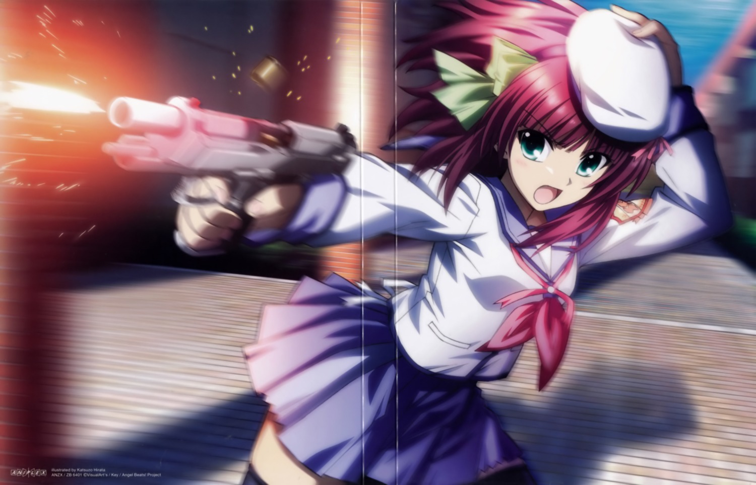 angel_beats!, crease, fixme, gun, hirata_katsuzou, nakamura_yuri, seifuku