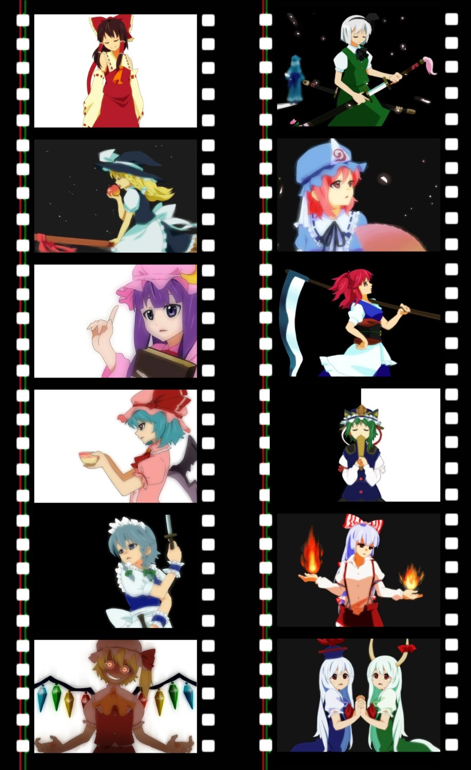 ex_keine, flandre_scarlet, fujiwara_no_mokou, hakurei_reimu, izayoi_sakuya, jpeg_artifacts, kamishirasawa_keine, kirisame_marisa
