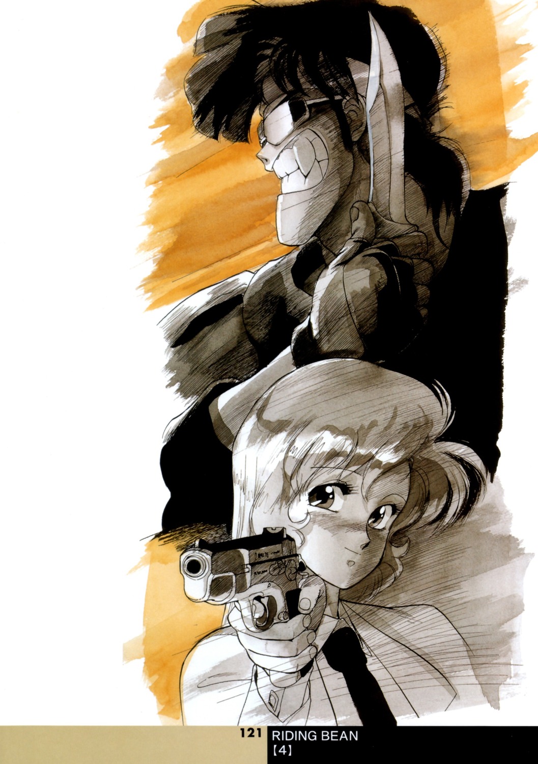 bean_bandit, gun, megane, monochrome, rally_vincent_(riding_bean), riding_bean, sonoda_kenichi