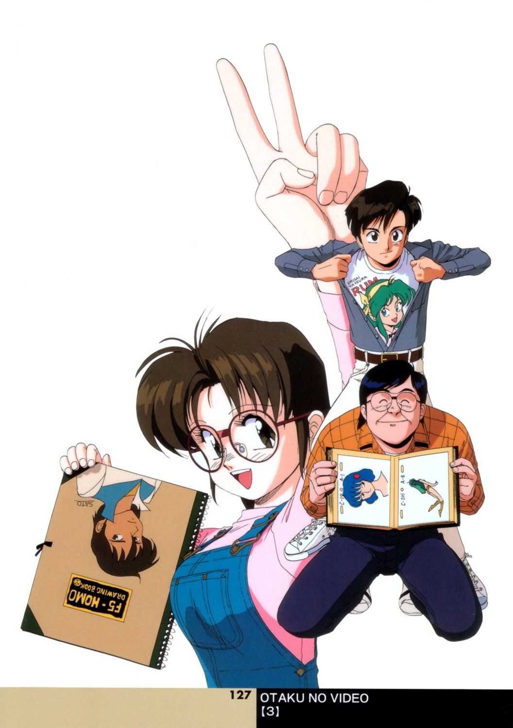 kubo_ken, lum, megane, open_shirt, otaku_no_video, overalls, satou_yuri, sonoda_kenichi