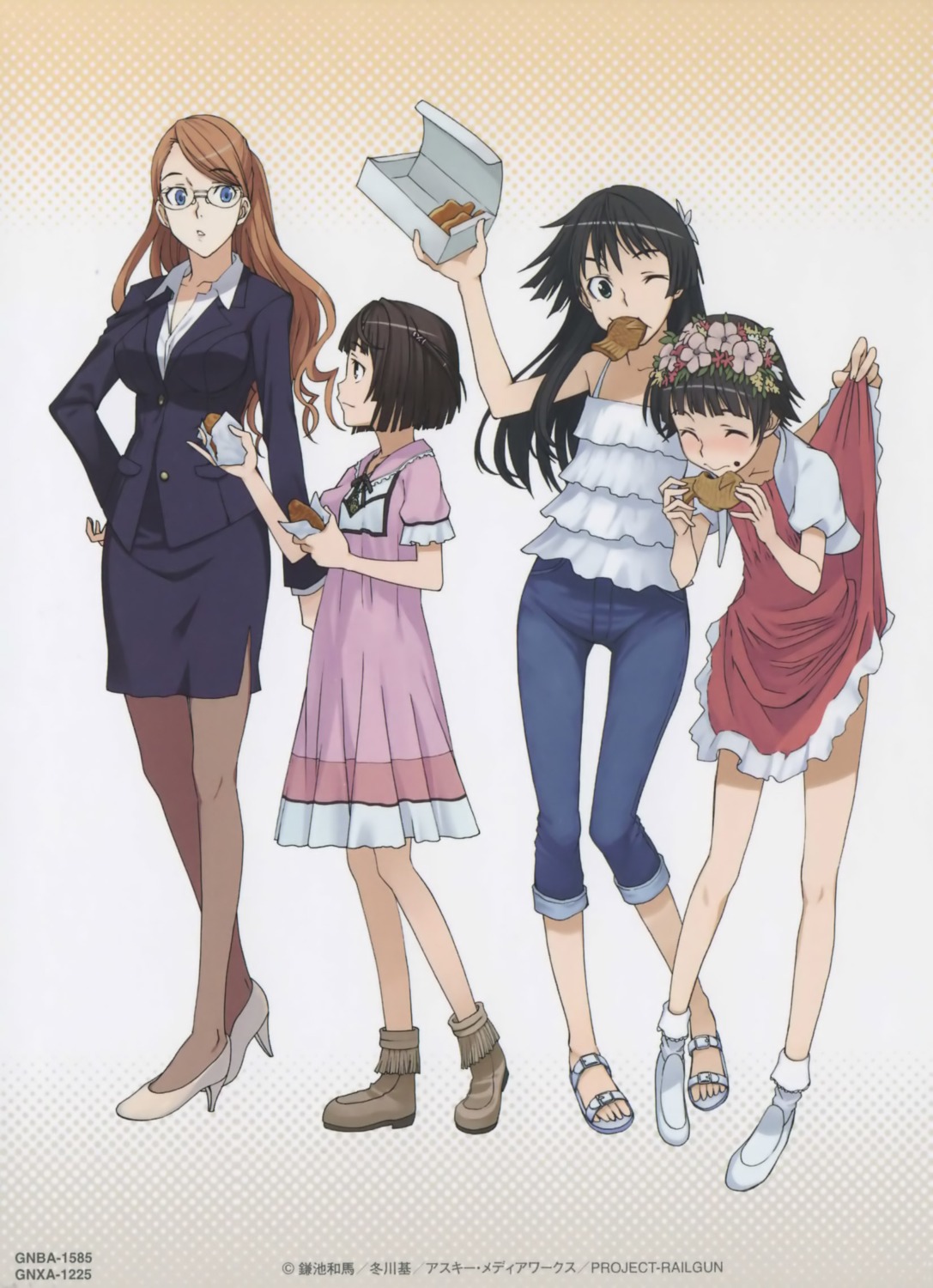 business_suit, dress, fuyukawa_motoi, haruue_erii, megane, overfiltered, pantyhose, saten_ruiko, skirt_lift, summer_dress, telestina_kihara_lifeline, toaru_kagaku_no_railgun, toaru_majutsu_no_index, uiharu_kazari