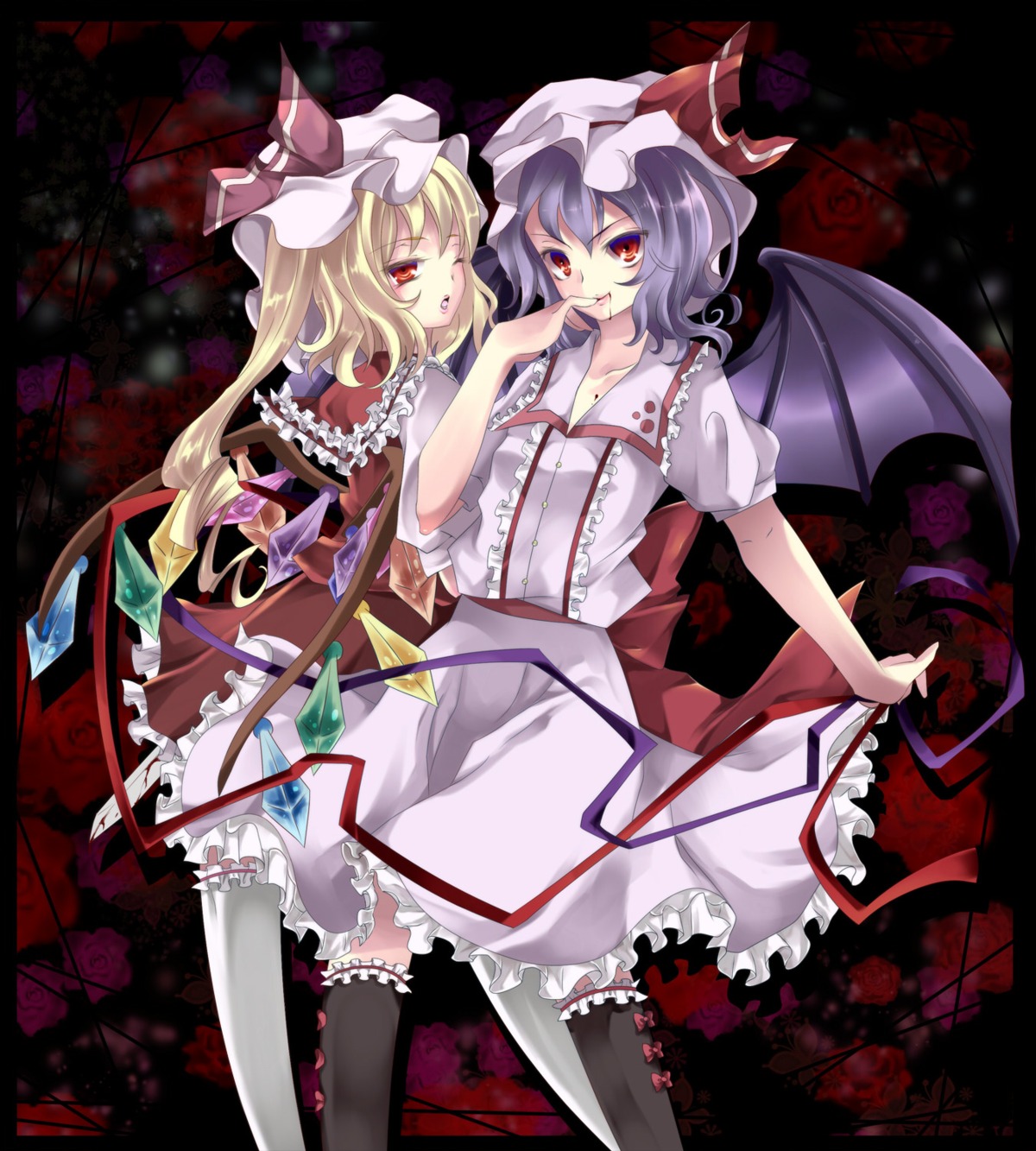 flandre_scarlet, kubikirisaikuru, remilia_scarlet, thighhighs, touhou, wings