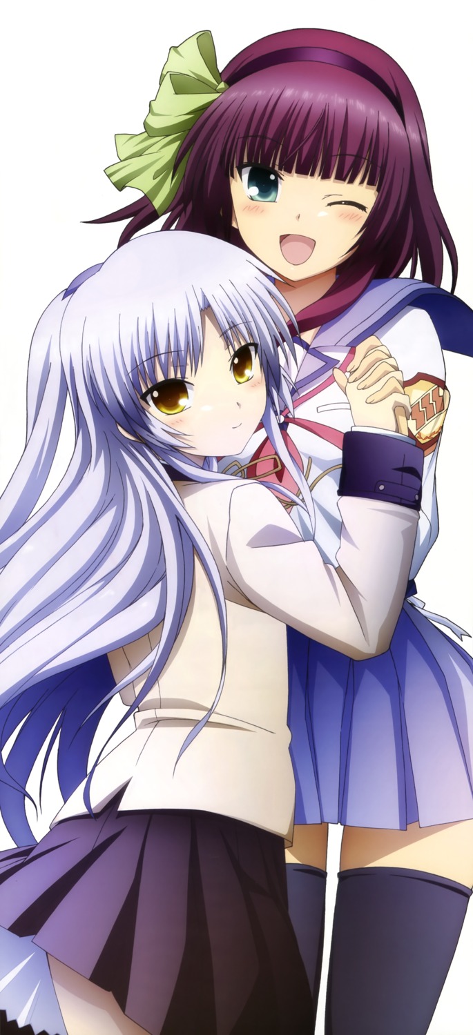 angel_beats!, nakamura_yuri, satou_rika, seifuku, stick_poster, tachibana_kanade, thighhighs