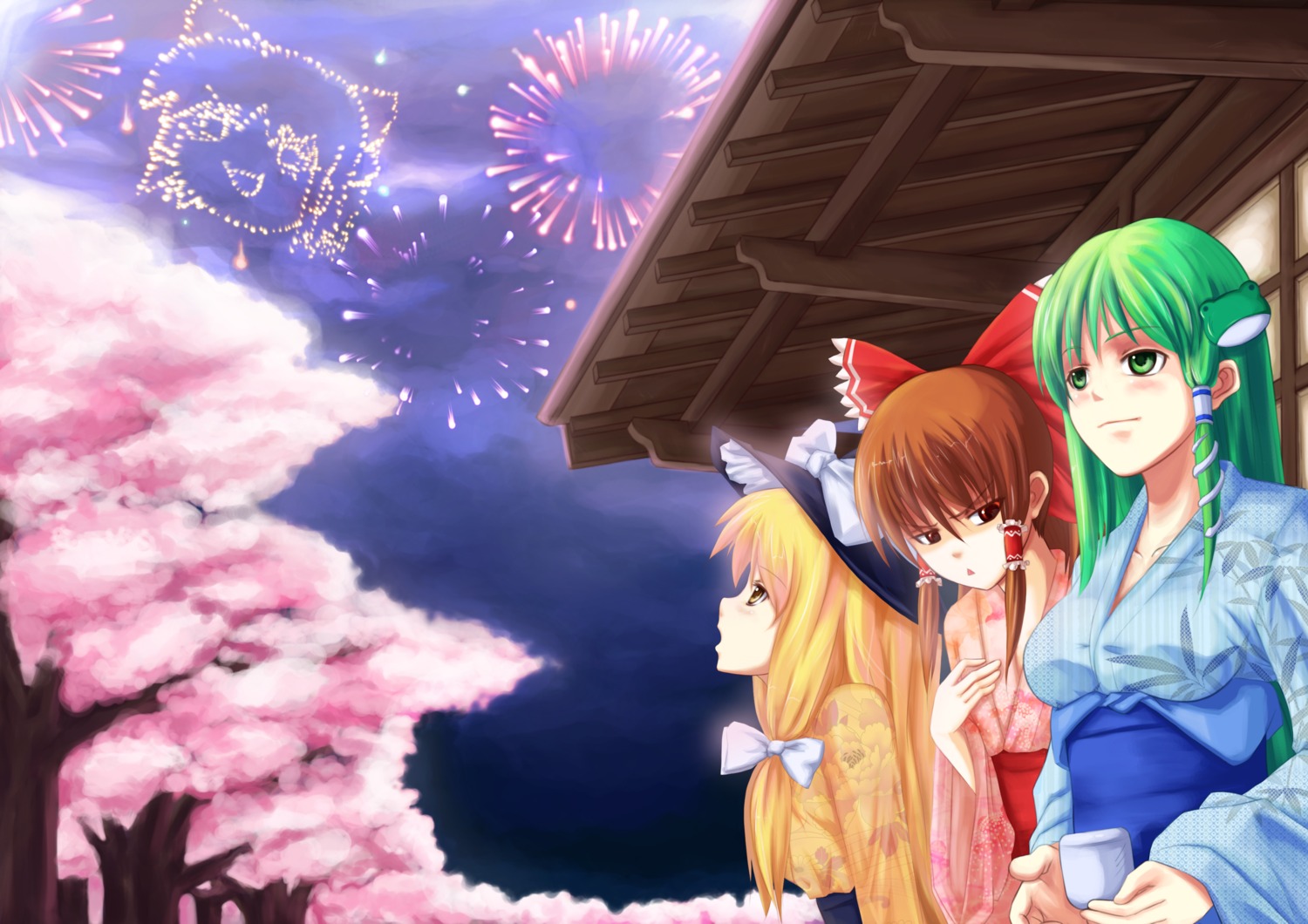 hakurei_reimu, kirisame_marisa, kochiya_sanae, shou_mai, touhou, yukata